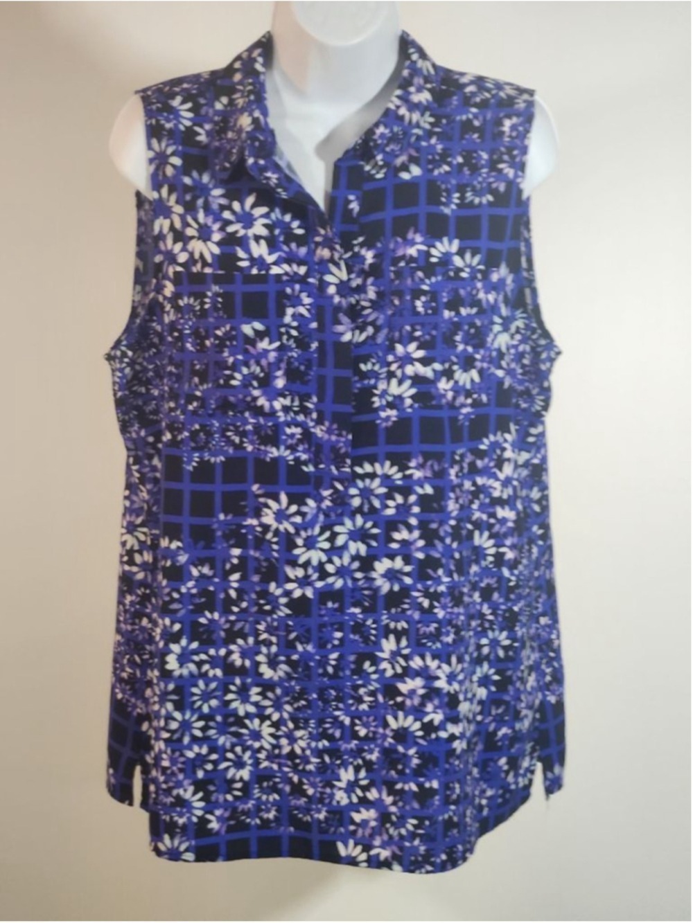 Women's Ann Taylor Large Blouse Sleeveless Floral Grid Print Blue Purple Workwe